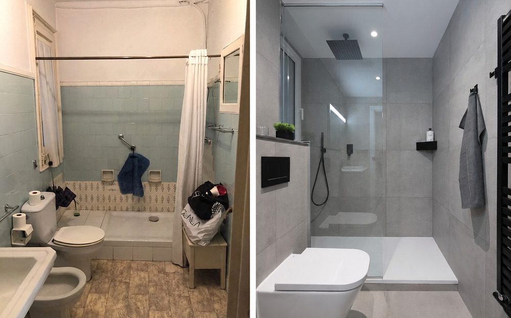 Antes y después de una reforma de baño en Travessera de Gràcia