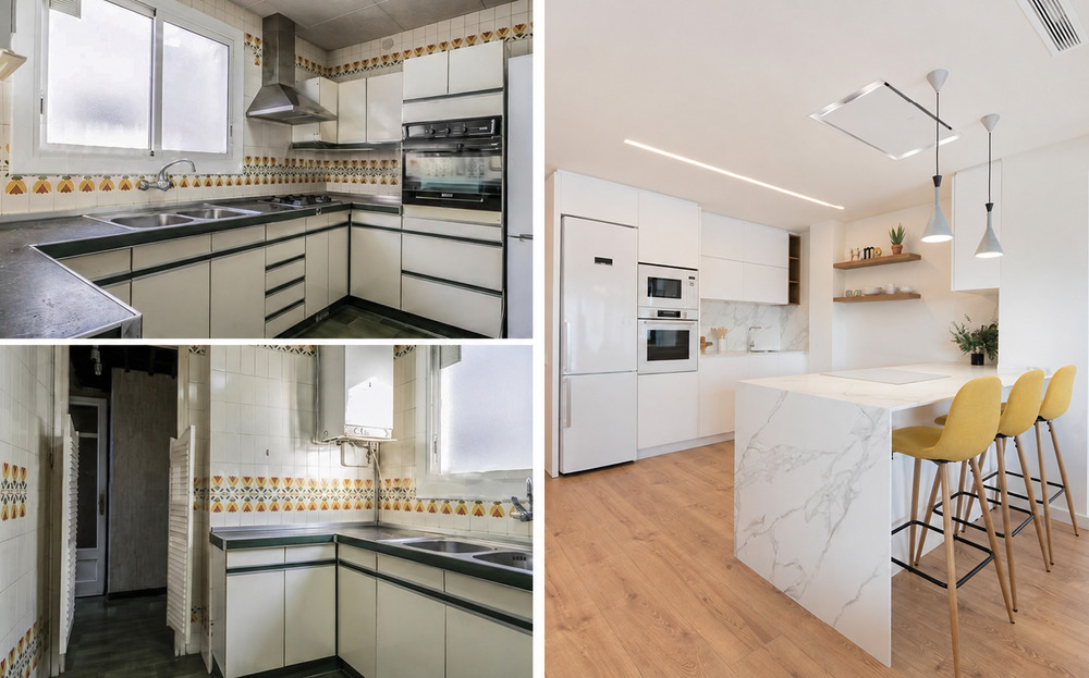 Antes y después de una reforma de cocina en Avinguda Roma
